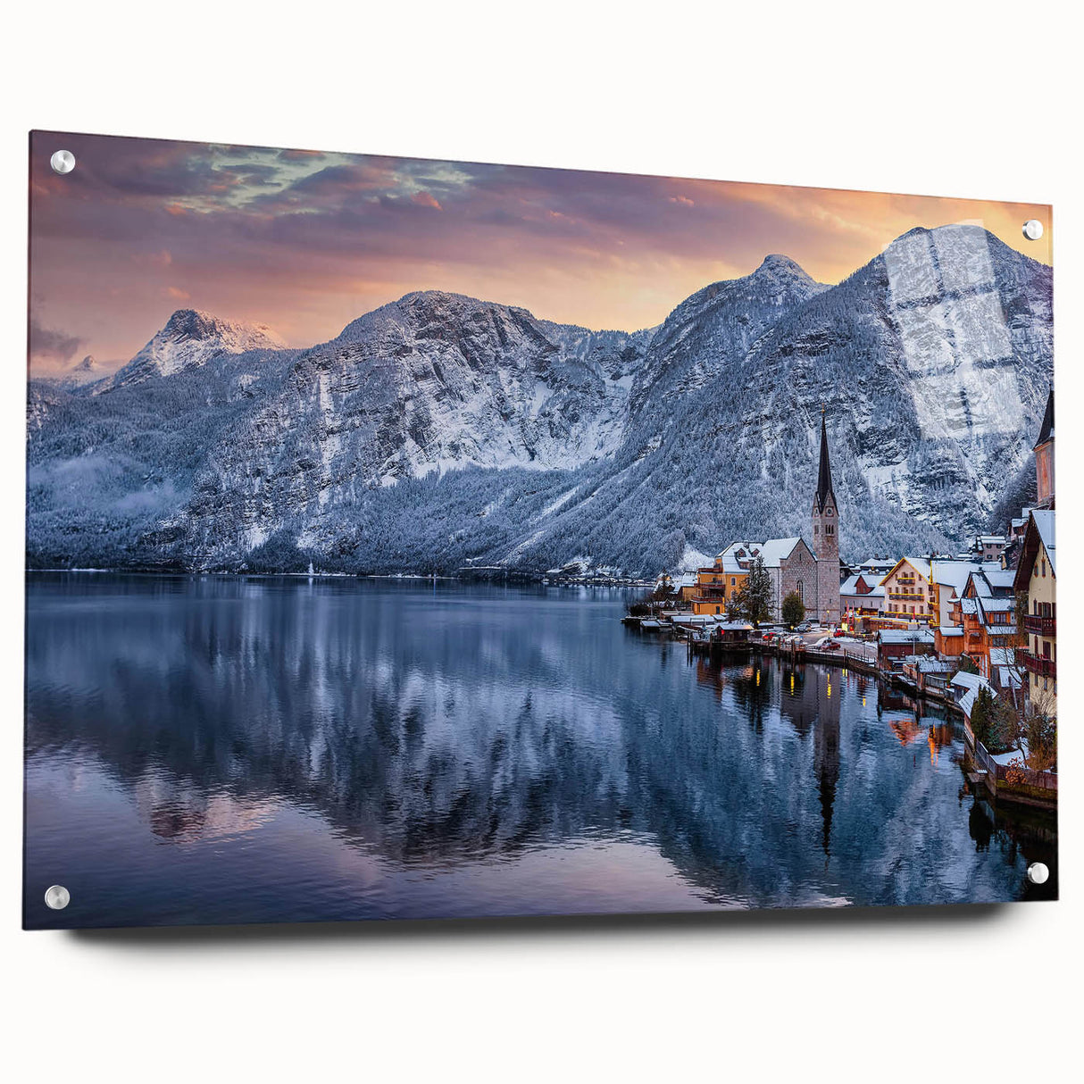 Acrylic glass wall art collection showcasing a vibrant landscape village design, featuring intricate details and a side view with decorative pins, perfect for home decor.