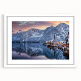 Framed wall art collection showcasing a serene landscape village design, featuring a white mat and sleek frame, perfect for home decor enhancement.