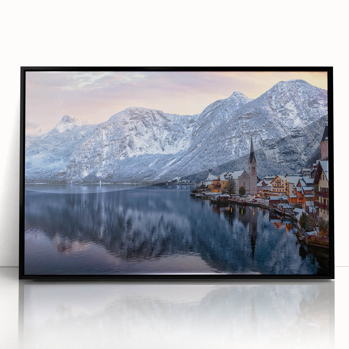 Framed acrylic wall art showcasing a serene landscape of a picturesque village, featuring vibrant colors and a modern black frame, perfect for home decor.
