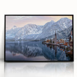 Framed acrylic wall art showcasing a serene landscape of a picturesque village, featuring vibrant colors and a modern black frame, perfect for home decor.