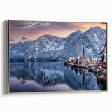 Framed canvas wall art showcasing a serene landscape village design with silver accents, ideal for home decor, enhancing modern and rustic interiors alike.