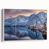 Framed canvas wall art showcasing a serene village landscape design in soft pastel colors, elegantly displayed against a white background, ideal for home decor.