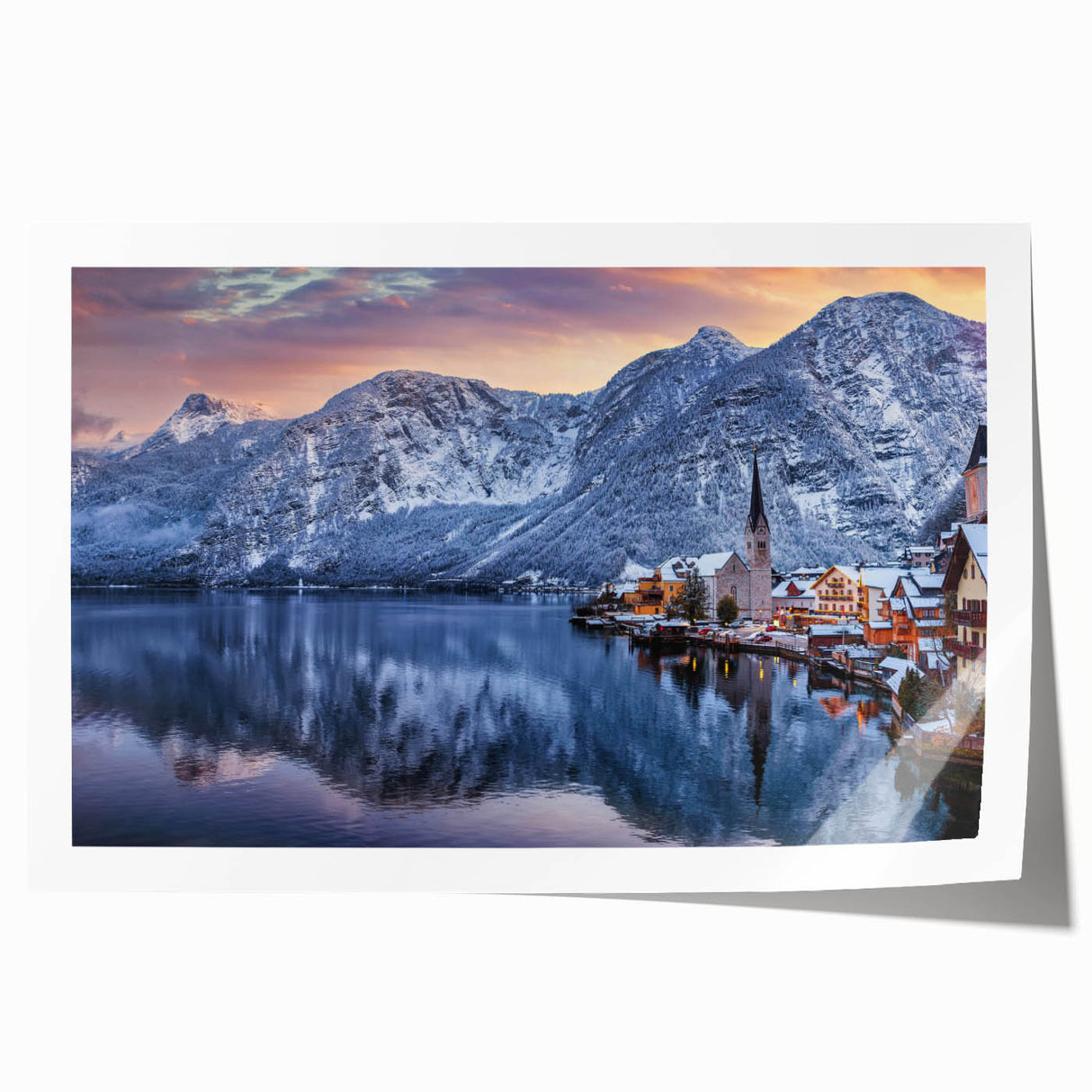Colorful landscape village wall art design featuring serene hills and quaint homes, rolled up for shipping in a protective cardboard tube. Ideal for home decor.