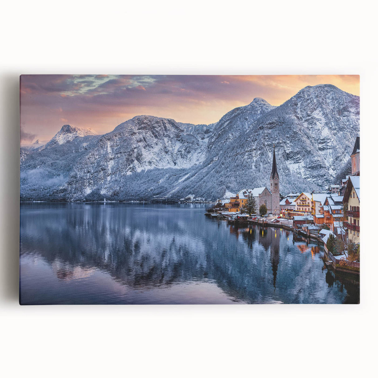Stretched canvas wall art depicting a serene village landscape with vibrant colors and intricate details, ideal for home decor and enhancing interior spaces.