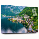 Acrylic glass wall art featuring a vibrant landscape design of a village scene, showcasing lush greenery and intricate architectural details, ideal for home decor.