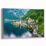 Framed canvas wall art showcasing a serene village landscape design with soft colors and silver accents, ideal for enhancing home decor.