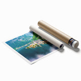 Rolled print showcasing a serene village landscape design in soft earth tones, ideal for home décor. The artwork is elegantly packaged in a protective cardboard tube.