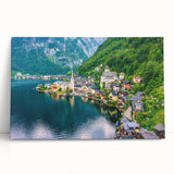 Stretched canvas wall art depicting a serene village landscape with lush greenery and vibrant colors, perfect for home decor. The artwork evokes tranquility and nature's beauty.
