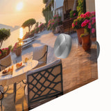 Close-up of vibrant acrylic glass wall art showcasing a picturesque village landscape, featuring rich colors and fine details, perfect for home decor enhancement.