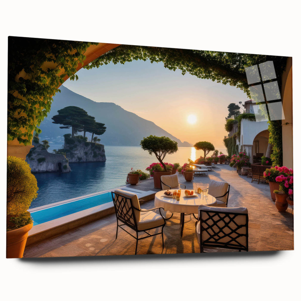 Acrylic glass wall art design showcasing a picturesque landscape of charming villages, featuring vibrant colors and intricate details, perfect for home decor.
