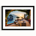 Framed wall art showcasing a serene village landscape design in black frame with matting, ideal for home decor, adding a touch of tranquility to any room.