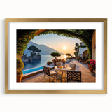 Framed gold mat wall art showcasing a serene village landscape, designed to enhance home decor with its vibrant colors and artistic detail, perfect for living spaces.