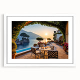 Framed wall art featuring a picturesque village landscape design with vibrant colors, set in a white mat and sleek frame, perfect for home decoration.