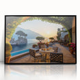 Framed acrylic wall art showcasing a stunning landscape village design in vibrant colors, set against a sleek black frame, perfect for home decor.