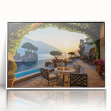 Framed wall art collection showcasing a serene village landscape design, featuring vibrant colors and intricate details, set in a sleek white frame for modern decor.