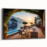 Framed canvas wall art showcasing a picturesque village landscape design with vibrant colors and intricate details, presented in a sleek black frame. Ideal for enhancing home decor.