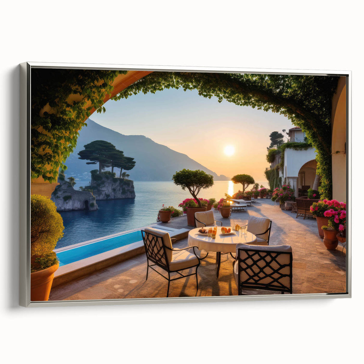 Framed canvas wall art showcasing a serene village landscape design with silver accents, ideal for home decor. The piece captures the essence of tranquility and nature.