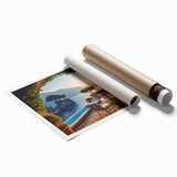 Rolled print of a vibrant landscape village scene featuring lush greenery and quaint houses, designed for wall art decor. Packaged securely in a tube for easy shipping.