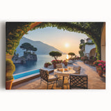 Stretched canvas wall art showcasing a vibrant landscape of a serene village, featuring lush greenery and colorful houses, perfect for home decoration.