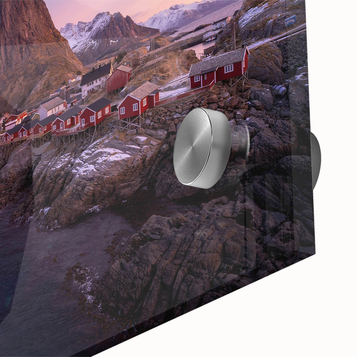Close-up of a vibrant acrylic glass wall art piece showcasing a colorful village landscape design, perfect for adding a modern touch to home decor.