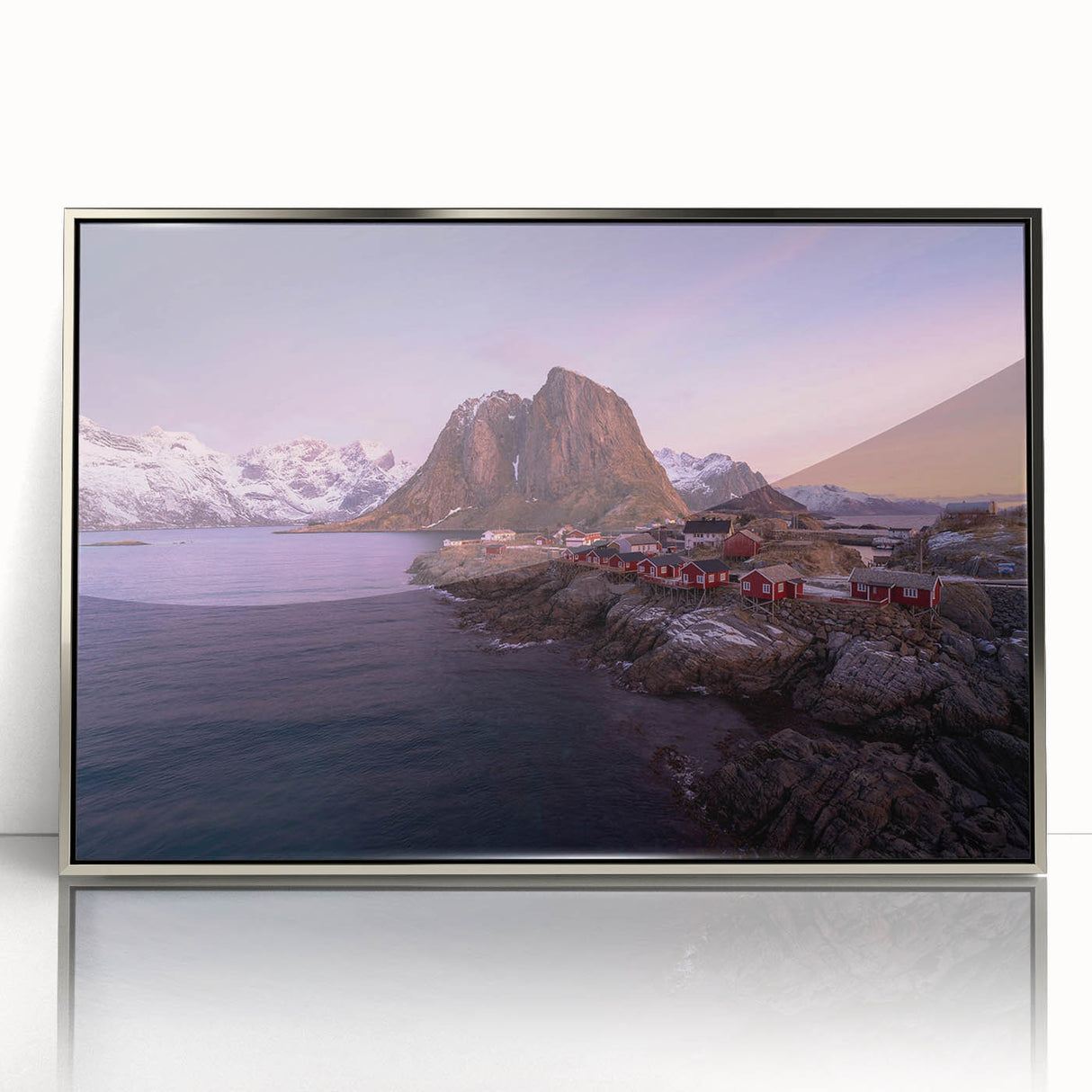 Framed acrylic wall art collection showcasing a serene village landscape in silver tones, ideal for modern home decor and enhancing interior aesthetics.