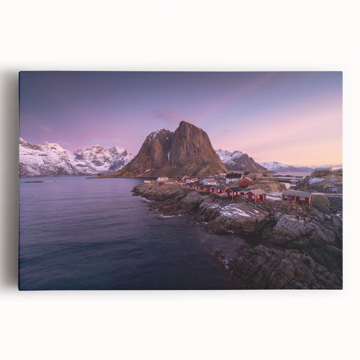 Stretched canvas wall art showcasing a vibrant landscape village design with lush greenery and colorful houses, perfect for home decor, adding warmth and charm.