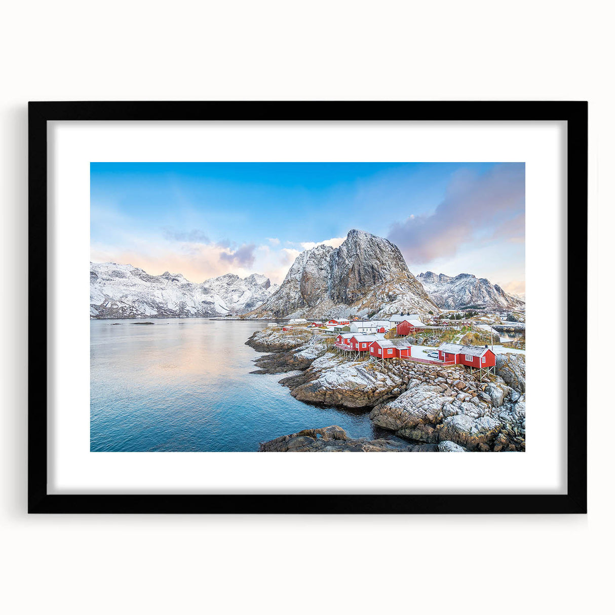 Framed black wall art showcasing a vibrant village landscape design, featuring colorful houses and lush greenery, ideal for modern home decor.