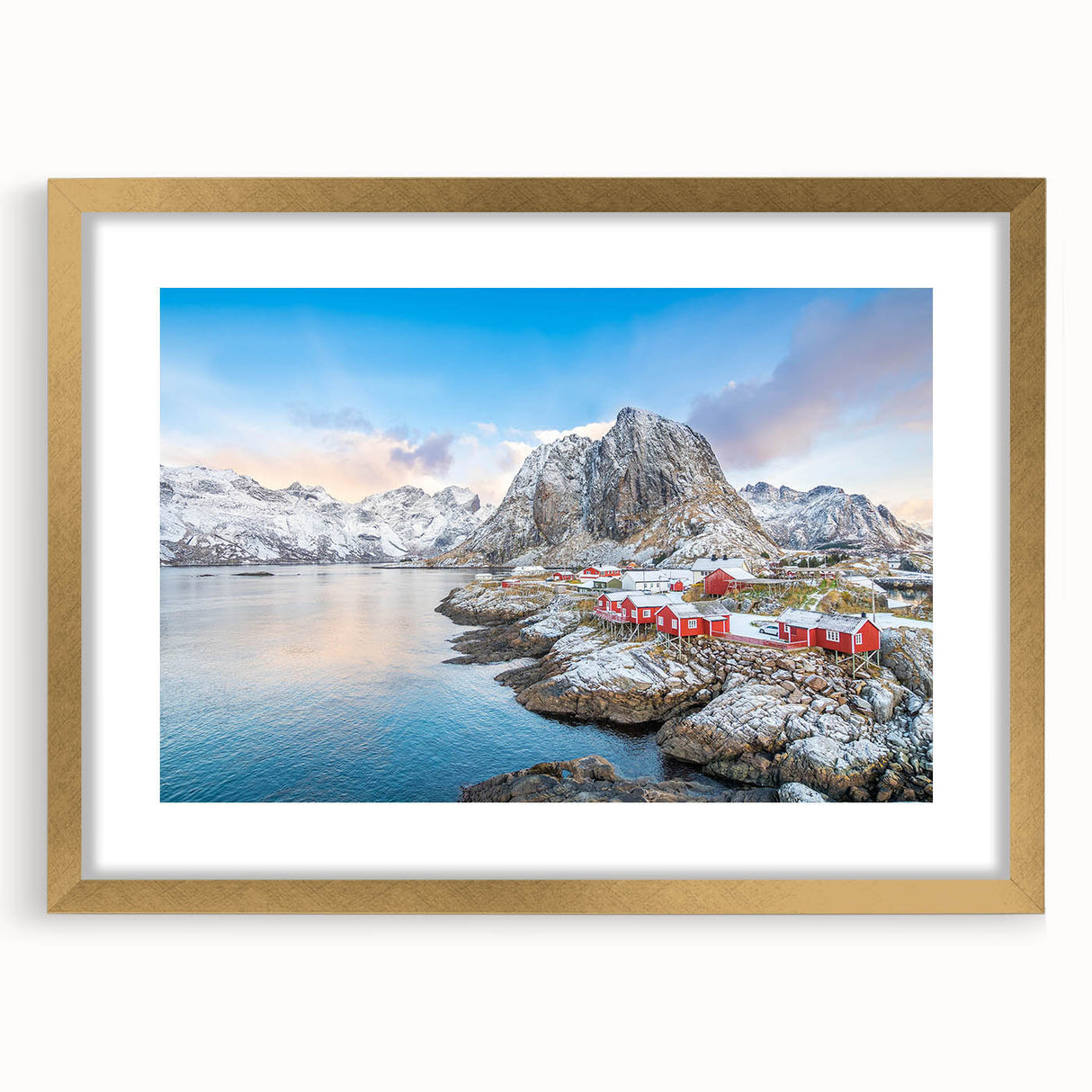 Framed wall art collection showcasing a serene village landscape design, featuring a gold mat and elegant frame, perfect for home decor enhancement. Ideal for adding a touch of nature-inspired elegance to living spaces.