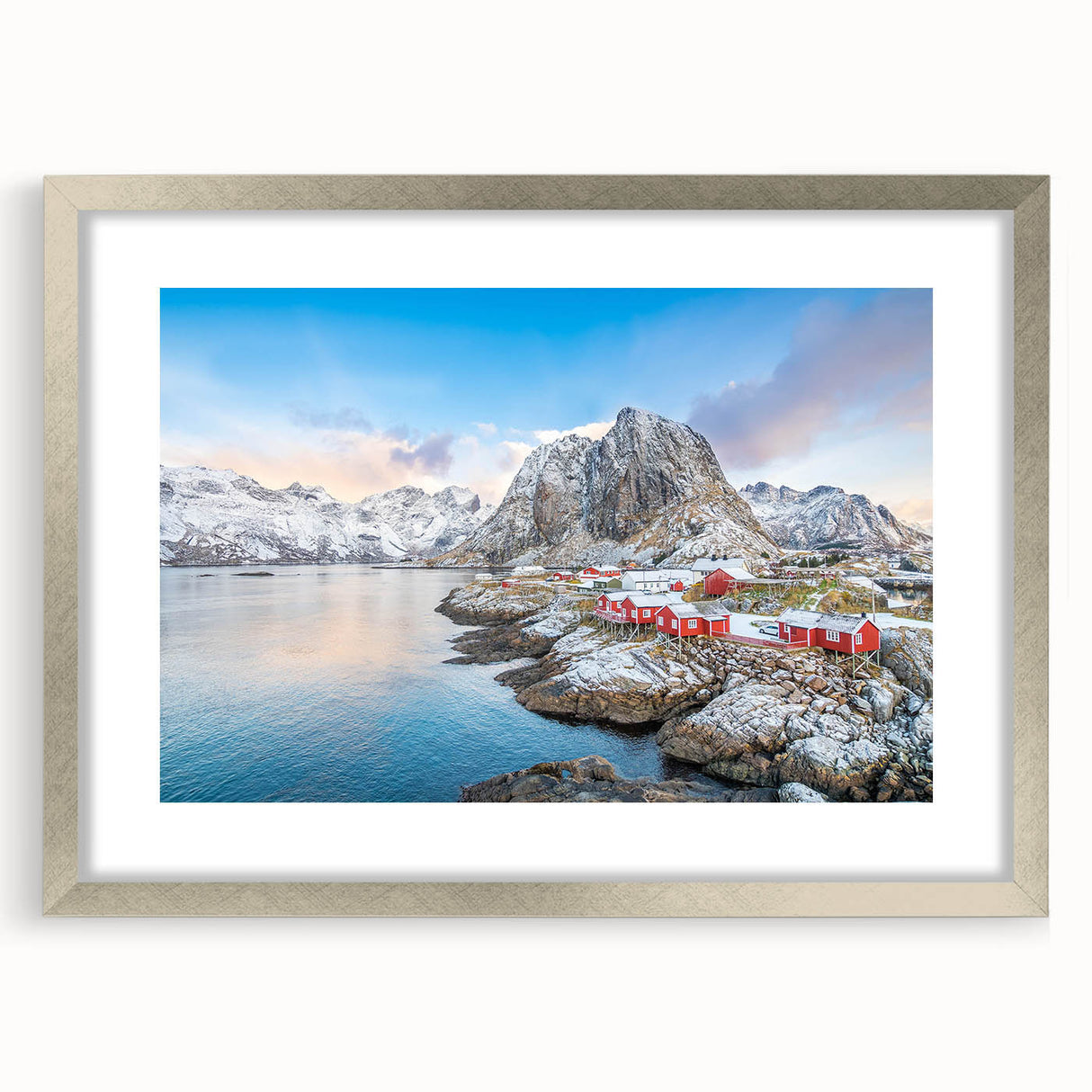 Framed wall art collection showcasing serene village landscapes, featuring a silver mat and frame, ideal for enhancing home decor with a touch of elegance.