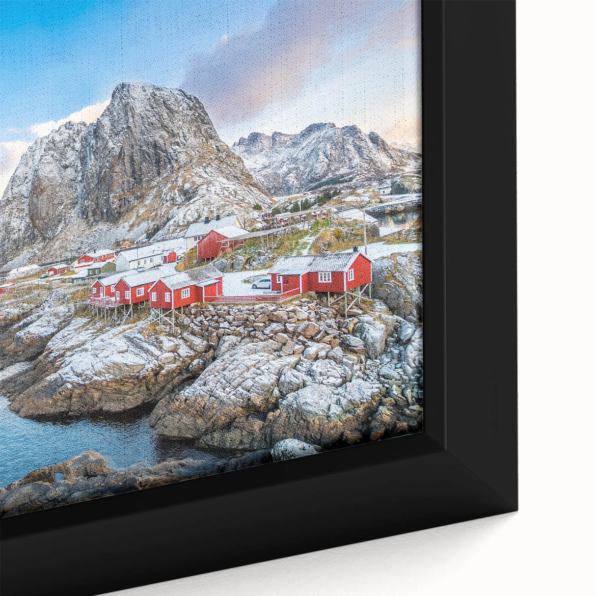 Framed canvas artwork showcasing a vibrant village landscape design, featuring rich colors and intricate details, perfect for home decor enhancement.