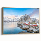 Framed canvas wall art showcasing a picturesque village landscape with vibrant colors, featuring gold accents and a modern design, ideal for home decor.