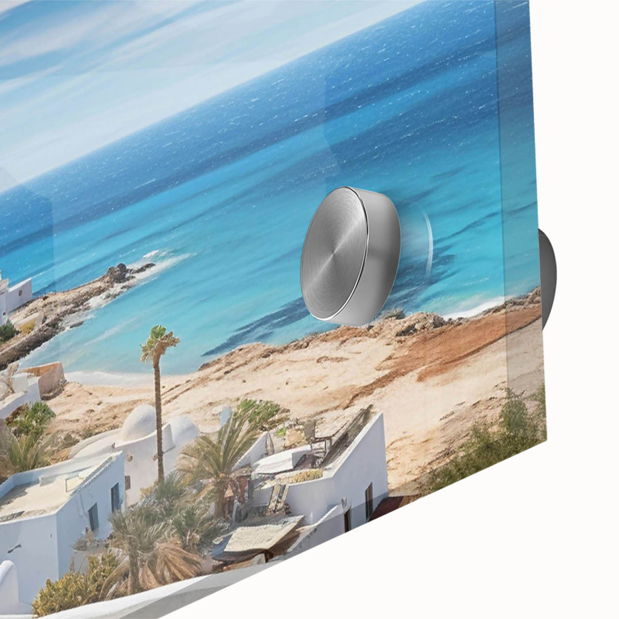 Close-up of a vibrant acrylic wall art piece showcasing a picturesque village landscape, featuring bold colors and intricate details, perfect for home decor.