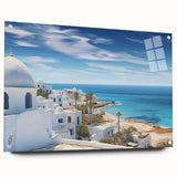 Acrylic glass wall art collection showcasing vibrant landscapes and village scenes, side view with decorative pins, perfect for modern home decor.