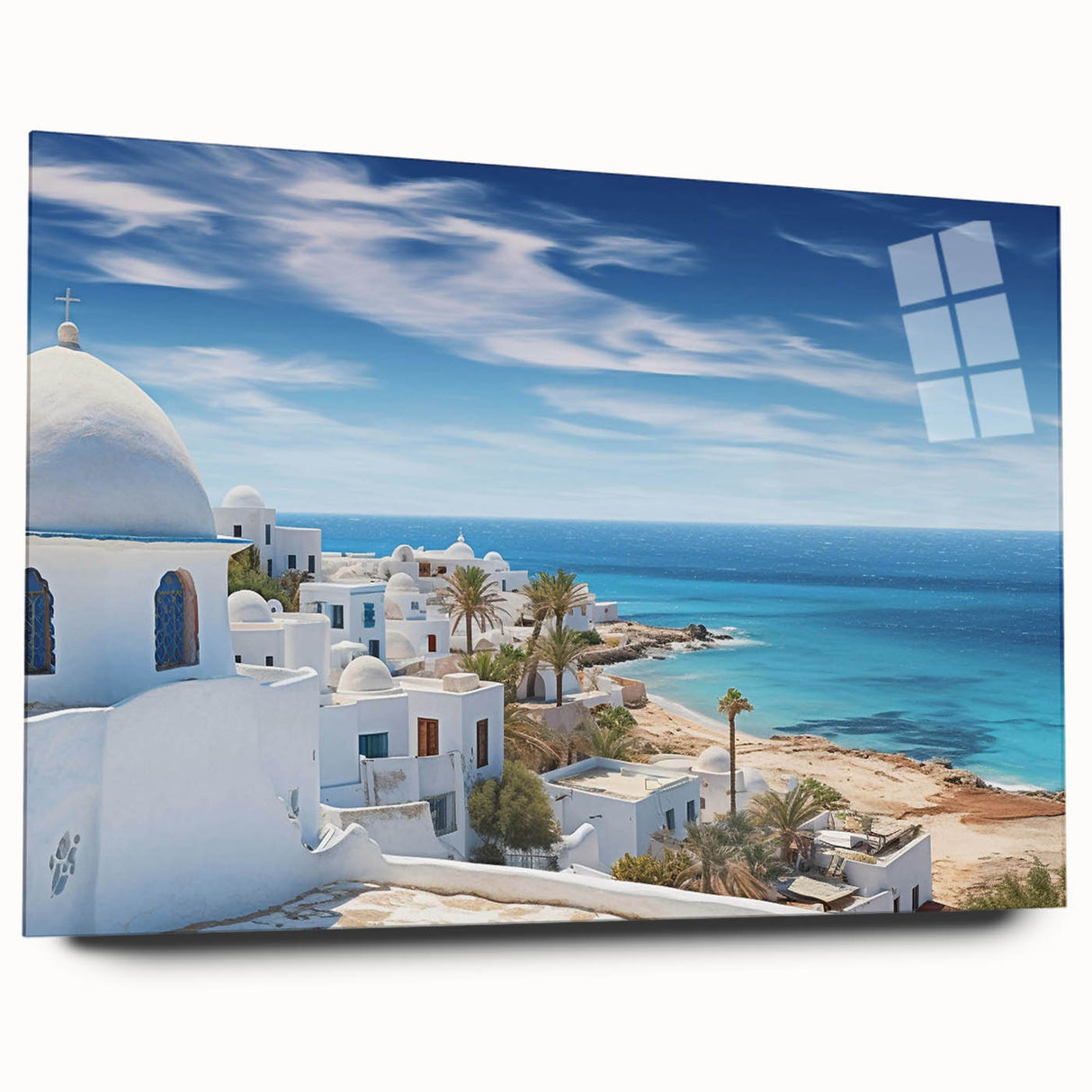 Acrylic glass wall art collection showcasing a vibrant landscape village design in a side view without pins, perfect for modern home decor. The colorful artwork features lush greenery and charming village details, enhancing any room's aesthetic appeal.