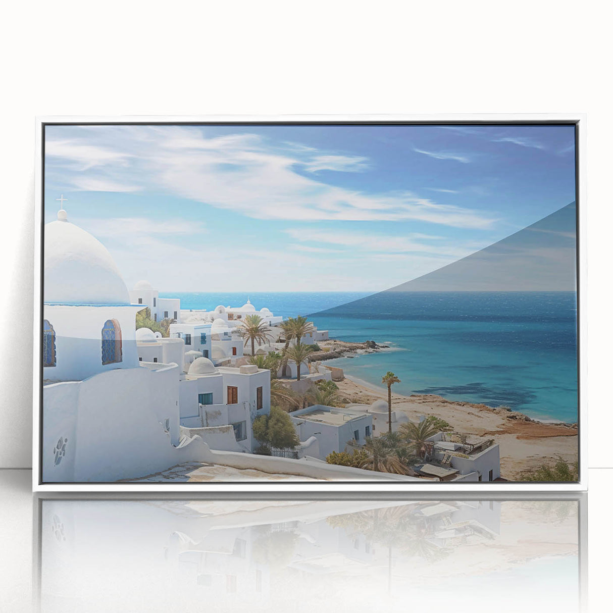 Framed acrylic wall art showcasing a serene village landscape design with vibrant colors, ideal for home decor and enhancing living spaces. This art piece features a white frame and captures the essence of tranquil rural life, making it a perfect addition to any wall.