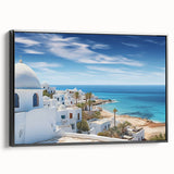 Framed canvas wall art showcasing a picturesque village landscape design, featuring vibrant colors and intricate details, viewed from the side with a sleek black frame. This artwork adds a touch of elegance to any home decor, perfect for art enthusiasts and nature lovers alike.