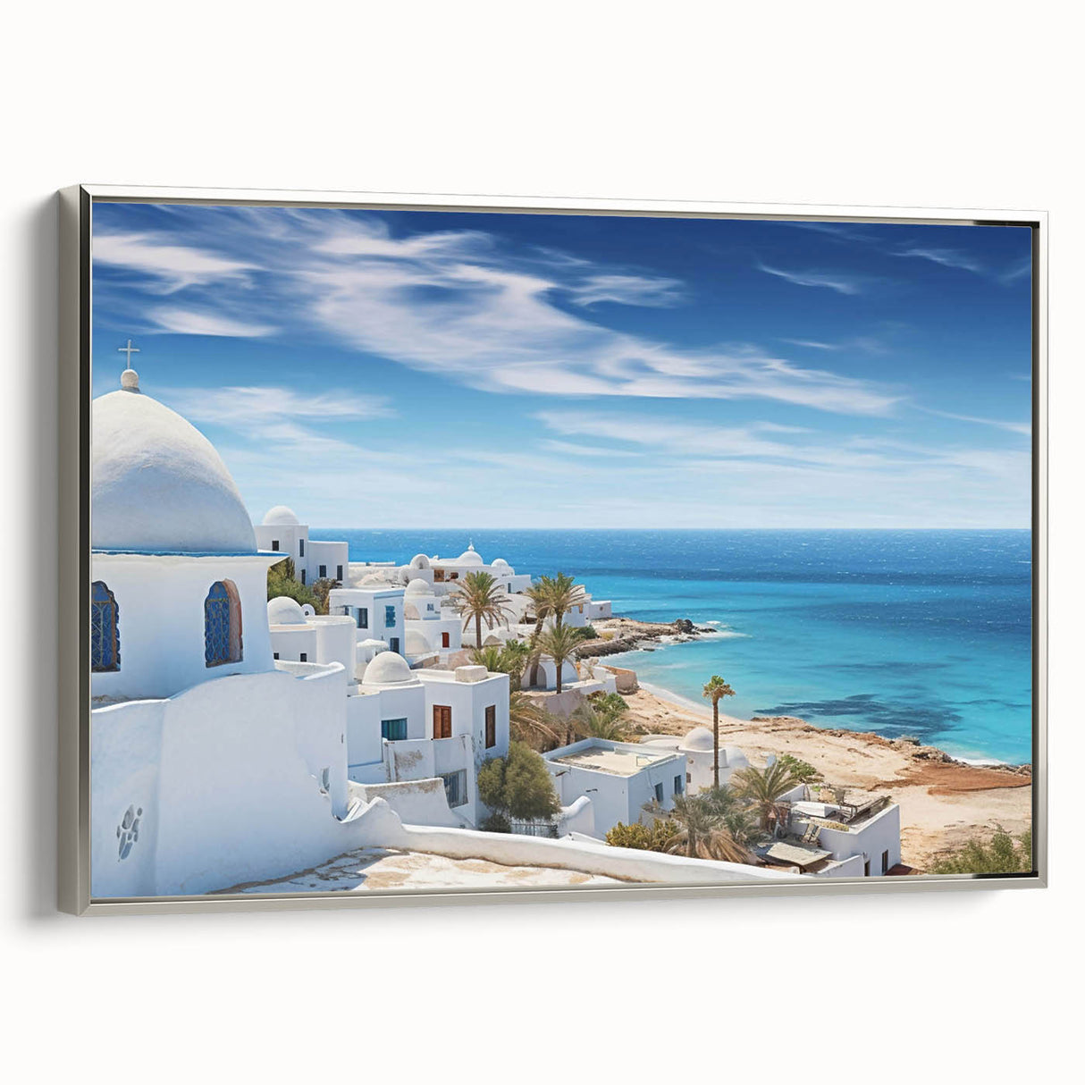 Framed canvas wall art showcasing a serene village landscape design with silver accents, ideal for home decor, emphasizing tranquility and nature's beauty.