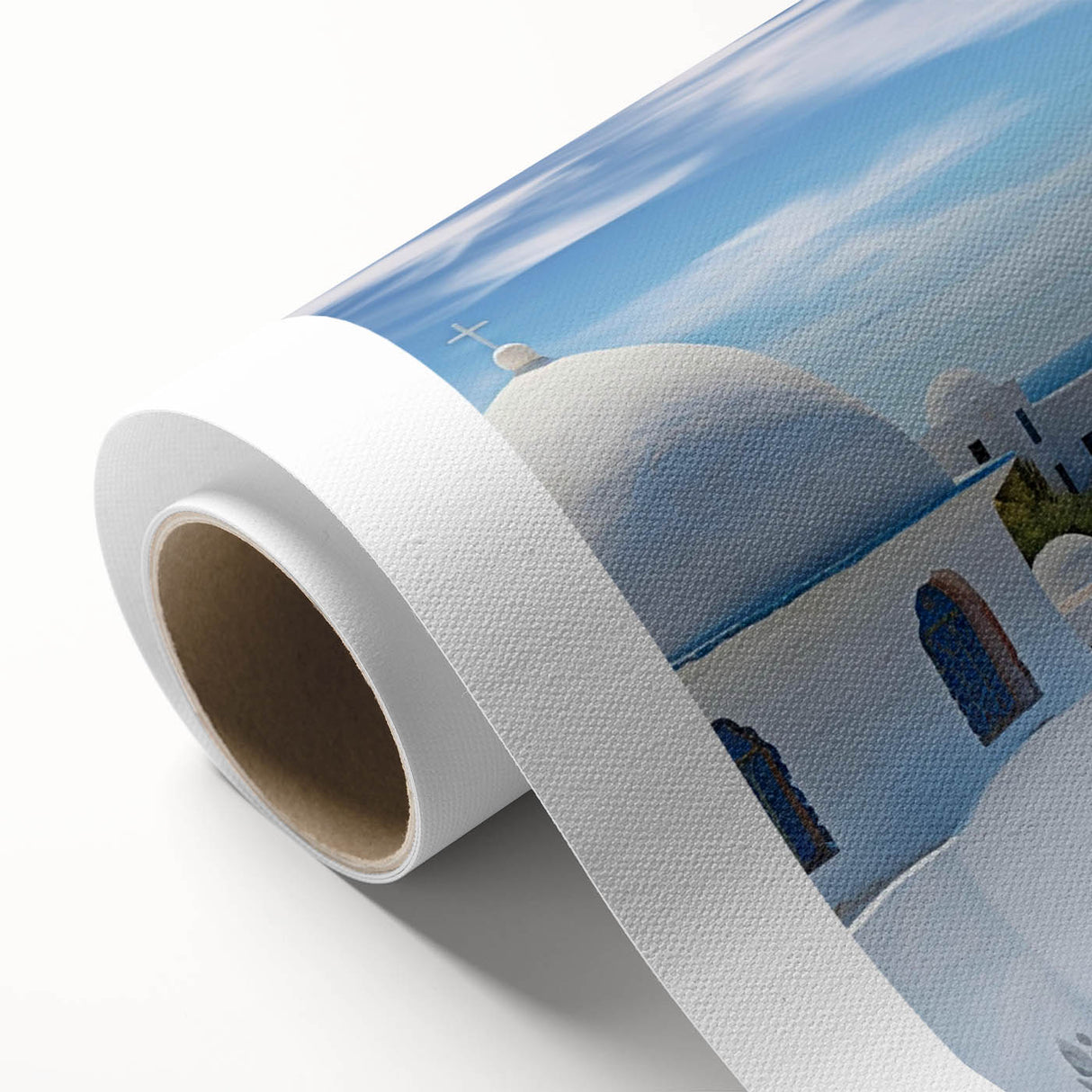 Rolled canvas artwork showcasing a vibrant landscape village design, featuring detailed textures and colors, perfect for home decor or artistic display.