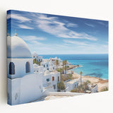 Stretched canvas artwork showcasing a vibrant village landscape design, featuring lush greenery and colorful homes, perfect for enhancing interior decor.