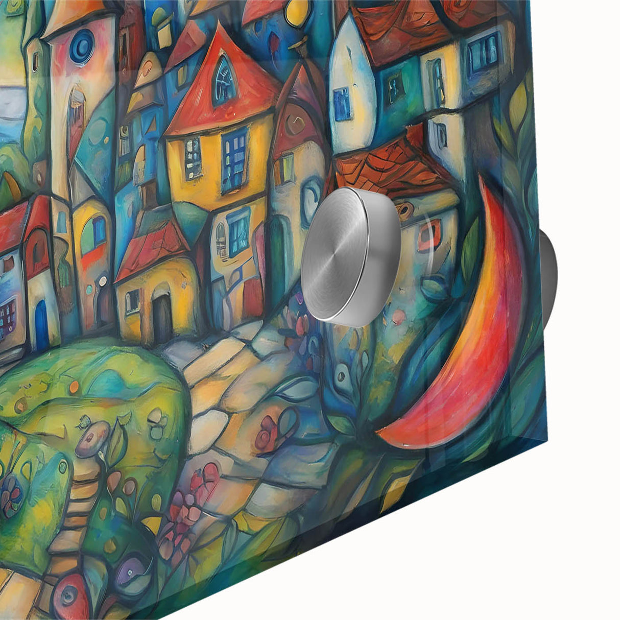 Close-up view of a vibrant acrylic glass wall art piece showcasing an abstract landscape village design, featuring rich colors and intricate details, perfect for home decor.