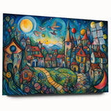 Acrylic glass wall art featuring a vibrant landscape design of colorful villages, displayed in a side view without pins, showcasing intricate details and vivid colors, ideal for modern home decor.