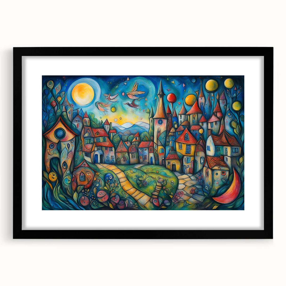 Framed landscape village wall art design showcasing serene rural scenery, featuring a sleek black frame with a white mat, perfect for home decor enhancement.
