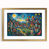 Framed wall art depicting a serene village landscape design, featuring a gold frame and matting, perfect for home decor or office settings.