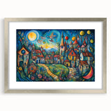 Framed silver wall art showcasing a picturesque village landscape, designed to enhance home décor with its elegant mat and contemporary style. Perfect for art enthusiasts.
