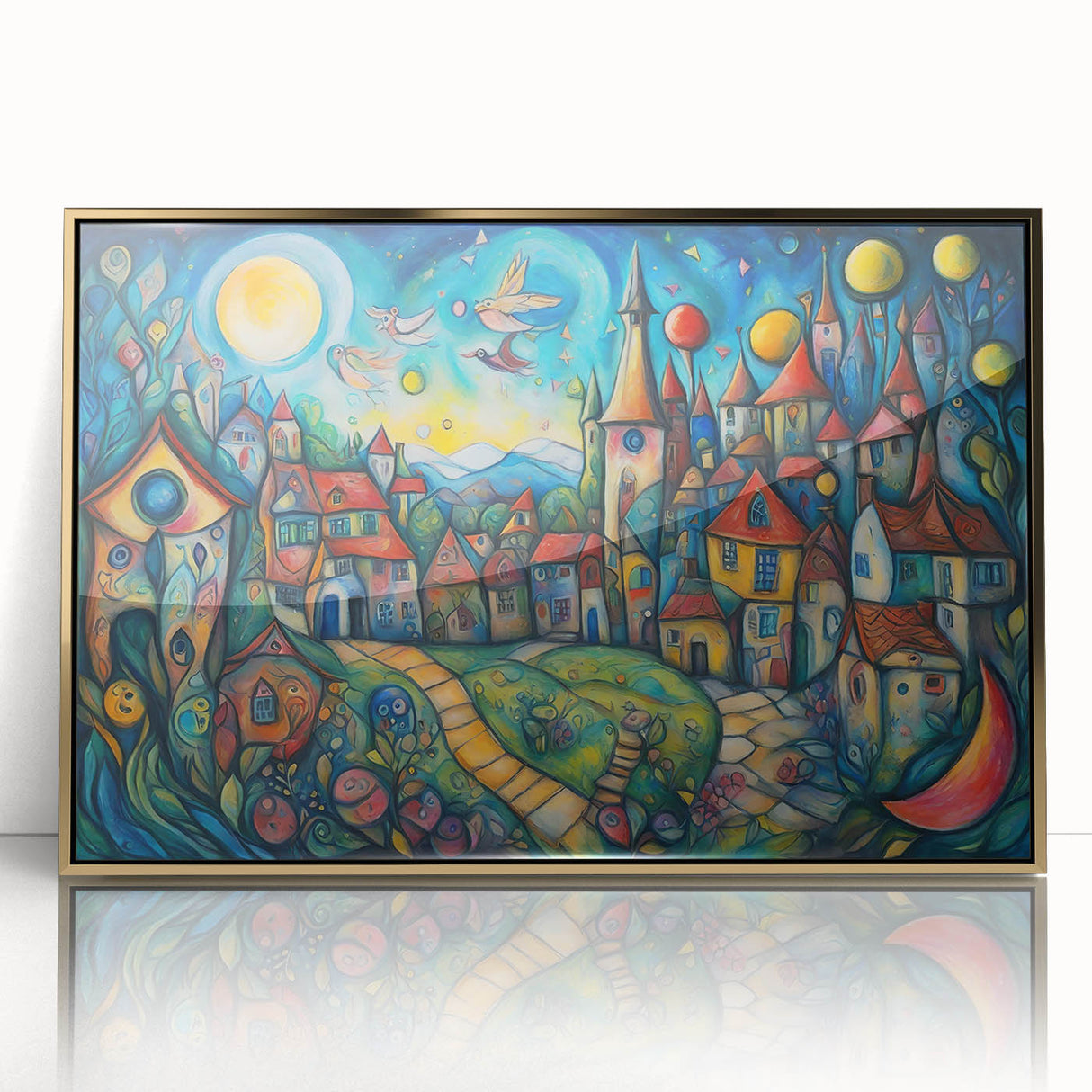 Framed acrylic wall art showcasing a vibrant landscape village design in gold tones, perfect for modern home decor. Ideal for adding elegance to any room.