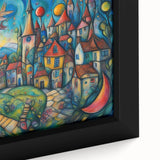 Framed canvas wall art showcasing a vibrant landscape of a quaint village, with rich colors and intricate details, perfect for home decor enhancement.