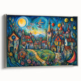 Framed canvas wall art depicting a serene village landscape with vibrant colors and intricate details, set in a sleek silver frame, ideal for home decor.