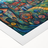 Rolled canvas showcasing a vibrant landscape village design in pastel colors, ideal for home decor. Perfectly packaged in a protective cardboard tube for easy shipping.