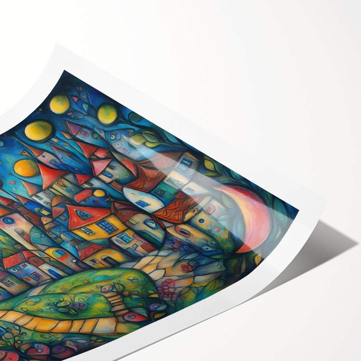 Rolled print showcasing a vibrant landscape village scene with colorful houses and lush greenery, designed for wall art display in modern interiors.