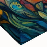 Close-up of a vibrant stretched canvas featuring a picturesque landscape village design, showcasing intricate details and rich colors, ideal for home decor.